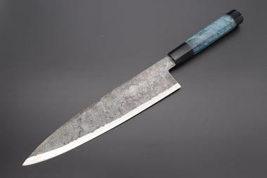 Shirou-Kunimitsu Wa Gyuto Shirou-Kunimitsu White Steel No.2 Kurouchi Series Special Edition SK-6SP21 Wa Gyuto 240mm (9.4 Inch, Ocean Blue Color Stabilized Maple Burl Wood Handle)