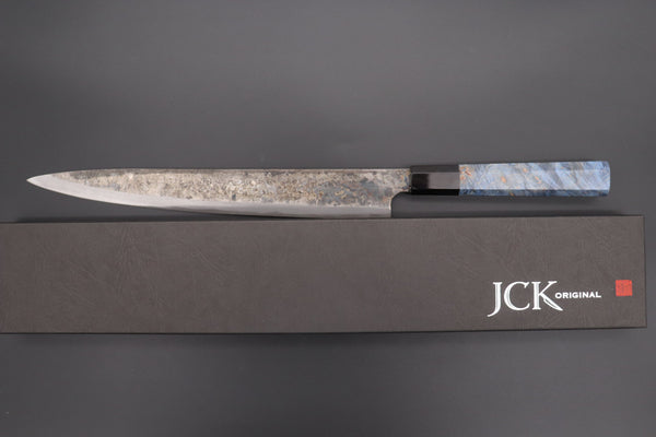 Shirou-Kunimitsu Wa Sujihiki Shirou-Kunimitsu White Steel No.2 Kurouchi Series Special Edition SK-7SP1 Wa Sujihiki 270mm (10.6 Inch, Ocean Blue Color Stabilized Maple Burl Wood Handle)