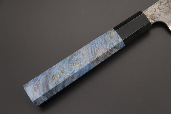 Shirou-Kunimitsu Wa Sujihiki Shirou-Kunimitsu White Steel No.2 Kurouchi Series Special Edition SK-7SP1 Wa Sujihiki 270mm (10.6 Inch, Ocean Blue Color Stabilized Maple Burl Wood Handle)