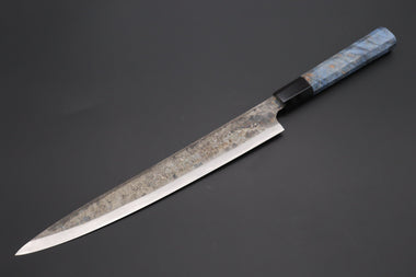 Shirou-Kunimitsu Wa Sujihiki Shirou-Kunimitsu White Steel No.2 Kurouchi Series Special Edition SK-7SP1 Wa Sujihiki 270mm (10.6 Inch, Ocean Blue Color Stabilized Maple Burl Wood Handle)