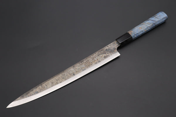 Shirou-Kunimitsu Wa Sujihiki Shirou-Kunimitsu White Steel No.2 Kurouchi Series Special Edition SK-7SP1 Wa Sujihiki 270mm (10.6 Inch, Ocean Blue Color Stabilized Maple Burl Wood Handle)