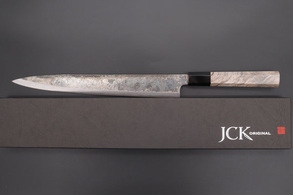 Shirou-Kunimitsu Wa Sujihiki Shirou-Kunimitsu White Steel No.2 Kurouchi Series Special Edition SK-7SP6 Wa Sujihiki 270mm (10.6 Inch, Dark Gray Color Stabilized Maple Burl Wood Handle)