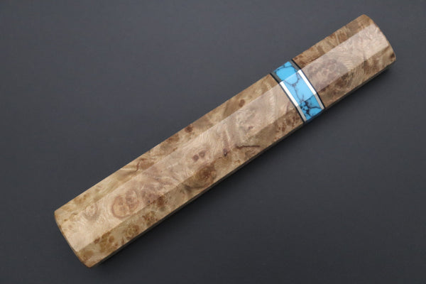 Sukenari Wa Gyuto SNBO-7 Wa Gyuto 240mm (9.4 Inch) / 5. Octagonal Camphor Burl Wood Handle with Composite Turquoise Gemstone Ring and Nickel Silver Spacers +$120 “Build Your Dream Knife” Sukenari HAP-40 Nickel Damascus SNBO-7 Wa Gyuto 240mm (9.4 Inch)