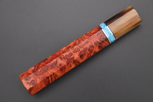 Sukenari Wa Gyuto SNBO-7 Wa Gyuto 240mm (9.4 Inch) / 7. Octagonal Bubinga Burl Wood Handle with Marble Color Water Buffalo Horn Ferrule and Composite Turquoise Gemstone Ring and Nickel Silver Spacers +$140 “Build Your Dream Knife” Sukenari HAP-40 Nickel Damascus SNBO-7 Wa Gyuto 240mm (9.4 Inch)