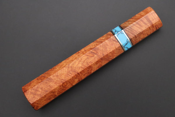 Sukenari Wa Gyuto SNBO-7 Wa Gyuto 240mm (9.4 Inch) / 8. Octagonal Bubinga Burl Wood Handle with Composite Turquoise Gemstone Ring & Nickel Silver Spacers+$120 “Build Your Dream Knife” Sukenari HAP-40 Nickel Damascus SNBO-7 Wa Gyuto 240mm (9.4 Inch)