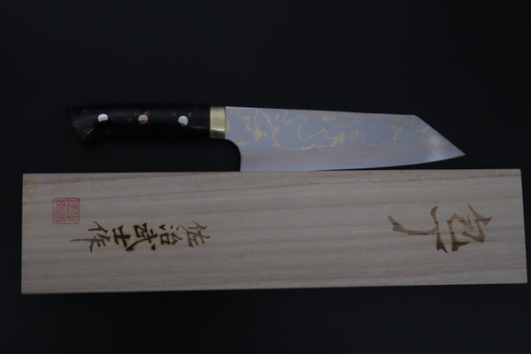 Takeshi Saji Bunka Bunka 180mm Takeshi Saji Blue Steel No.2 Rainbow Damascus Series TS-3 Bunka 180mm (7 Inch, Black and Copper Texture Dupont Corian Handle)