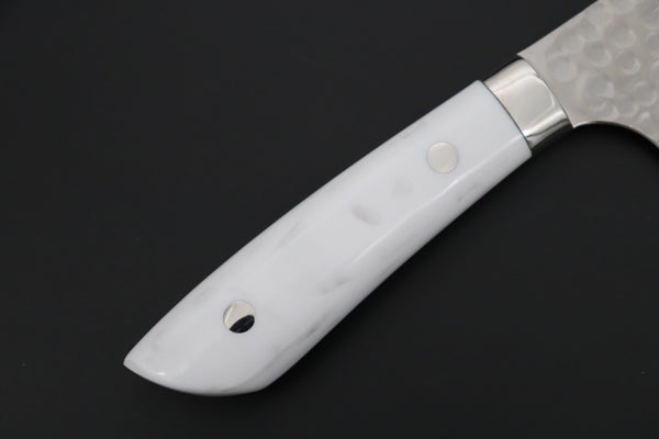 Takeshi Saji Bunka Takeshi Saji SRS-13 Custom Hammered Forged Tsuchime Damascus, Custom Handmade Handle Series TS-14 Bunka 180mm (7 inch, White Corian Handle)