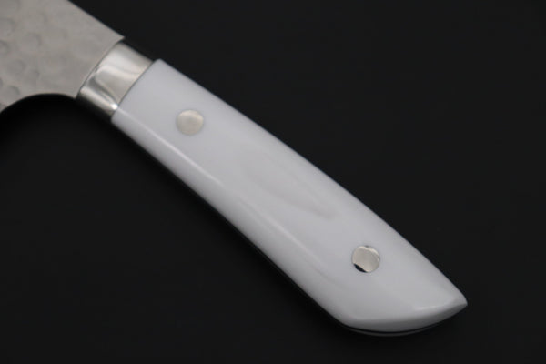 Takeshi Saji Bunka Takeshi Saji SRS-13 Custom Hammered Forged Tsuchime Damascus, Custom Handmade Handle Series TS-14 Bunka 180mm (7 inch, White Corian Handle)
