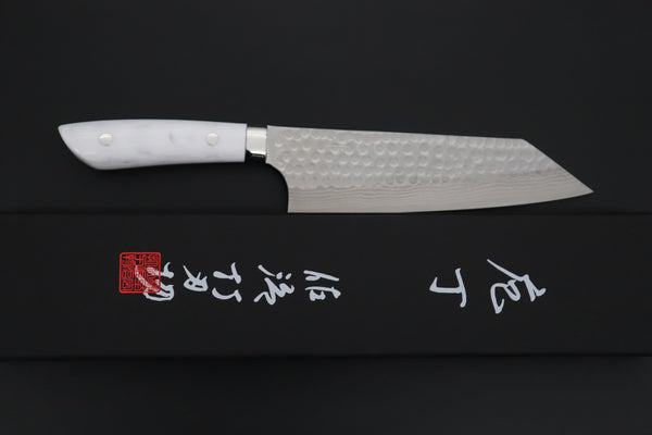 Takeshi Saji Bunka Takeshi Saji SRS-13 Custom Hammered Forged Tsuchime Damascus, Custom Handmade Handle Series TS-14 Bunka 180mm (7 inch, White Corian Handle)