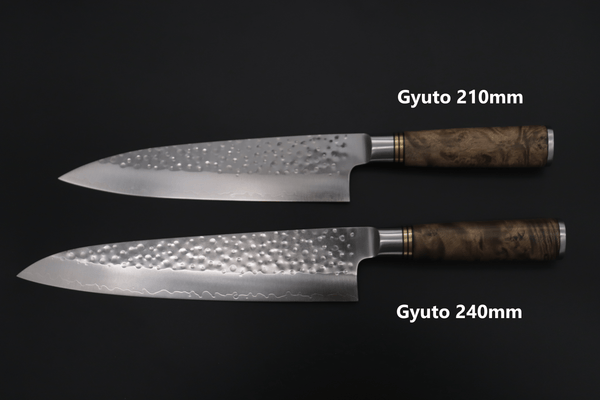 Takeshi Saji Gyuto SNR-4 Gyuto 240mm (9.4 iinch) / Quince Burl Wood Handle Takeshi Saji Nature Series — Hammer Forged R-2 Gyuto (210mm or 240mm, 2 Sizes, Quince Burl Wood Handle)