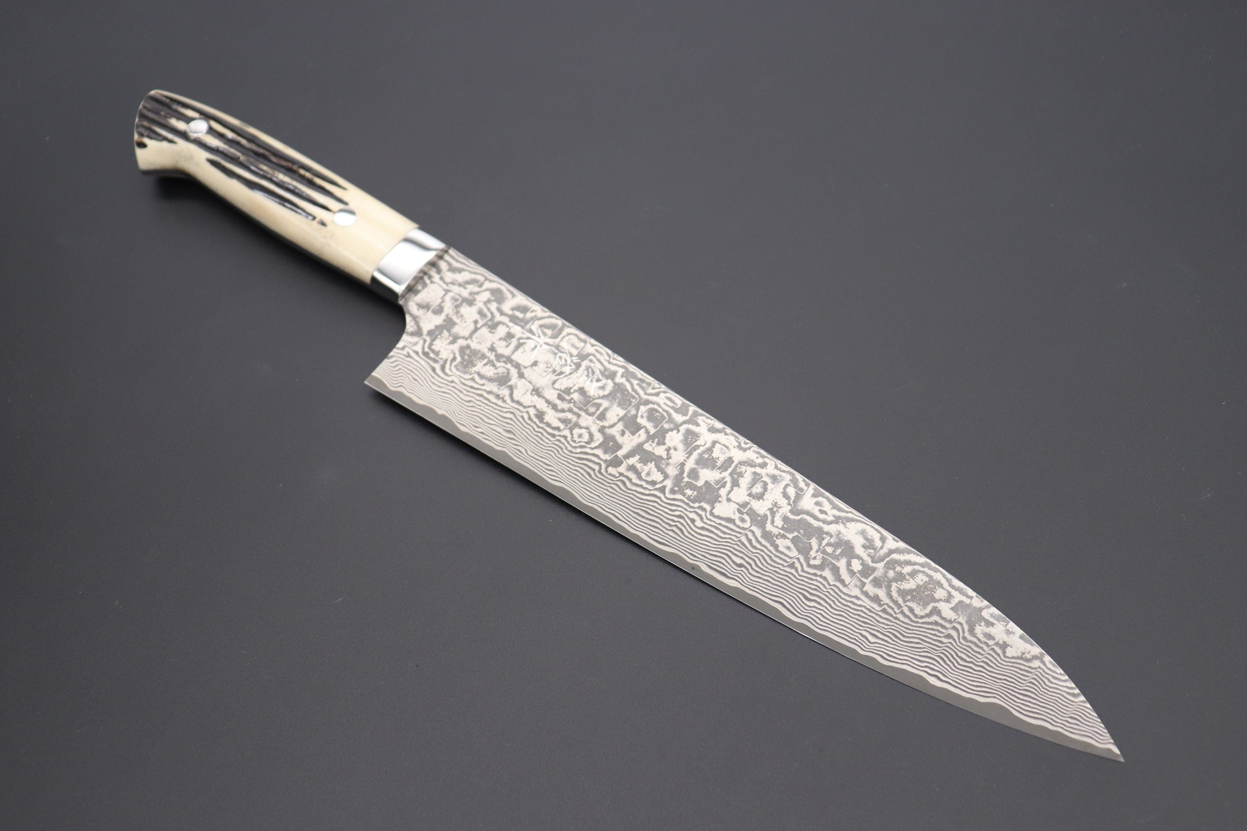 Damascus Kitchen Chef Knives Stag Handle 8  inches with leather sheath