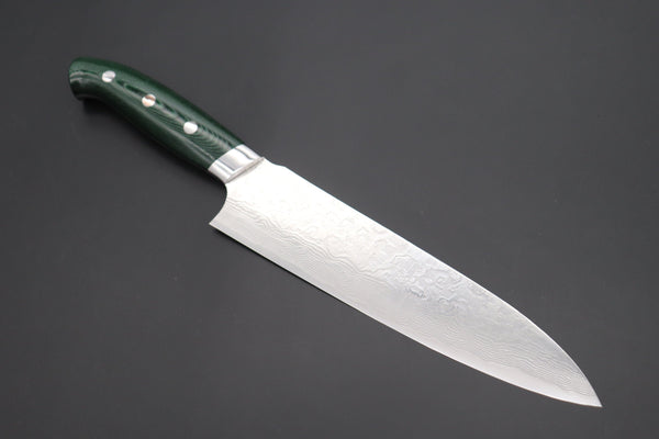 Takeshi Saji Gyuto Takeshi Saji R-2 Custom Diamond Damascus Wild Series New Design Gyuto (210mm and 240mm, Green/Black Linen Micarta Handle)