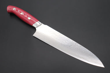 Takeshi Saji Gyuto Takeshi Saji R-2 Custom Diamond Damascus Wild Series New Design Gyuto (210mm and 240mm, Red/White Linen Micarta Handle)