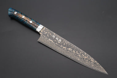 Takeshi Saji Gyuto Takeshi Saji SUMMIT ― Limited Edition Custom Series SMT-1058 VG-10W Multi-Colored Golden-Rainbow Damascus Gyuto 210mm (8.2 Inch)