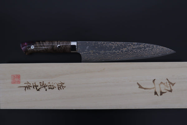 Takeshi Saji Gyuto Takeshi Saji SUMMIT ― Limited Edition Custom Series SMT-1090 VG-10W Multi-Colored Golden-Rainbow Damascus Gyuto 210mm (8.2 Inch)