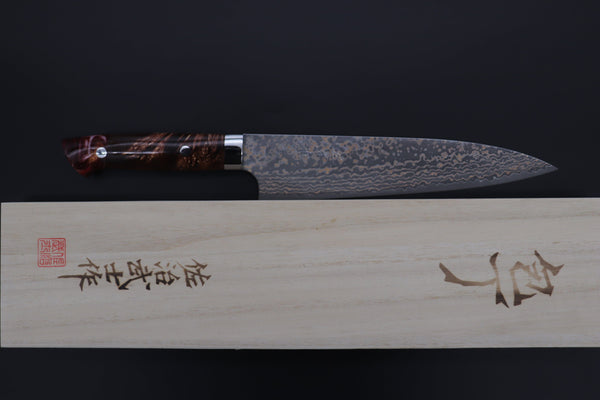 Takeshi Saji Gyuto Takeshi Saji SUMMIT ― Limited Edition Custom Series SMT-1093 VG-10W Multi-Colored Golden-Rainbow Damascus Gyuto 210mm (8.2 Inch)