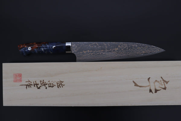 Takeshi Saji Gyuto Takeshi Saji SUMMIT ― Limited Edition Custom Series SMT-1102 VG-10W Multi-Colored Golden-Rainbow Damascus Gyuto 210mm (8.2 Inch)