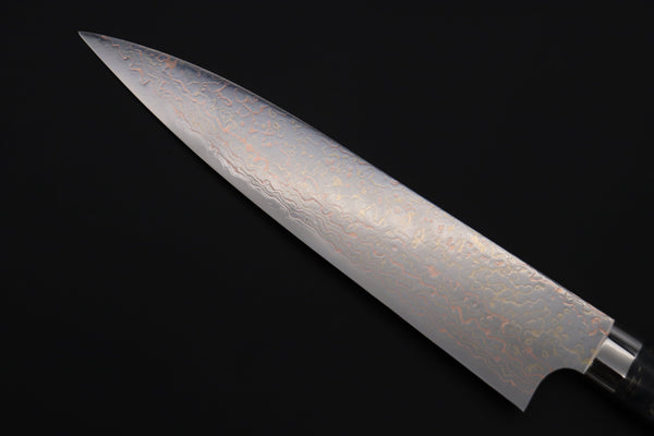 Takeshi Saji SUMMIT ― Limited Edition Custom Series SMT-1127 VG-10W磨 Multi-Colored Golden-Rainbow Damascus Gyuto 210mm (8.2 Inch) - JapaneseChefsKnife.Com