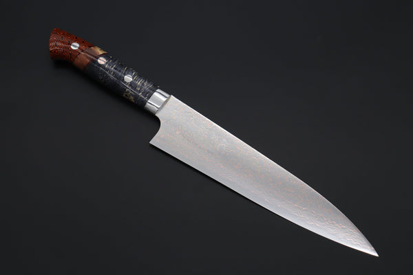 Takeshi Saji SUMMIT ― Limited Edition Custom Series SMT-1127 VG-10W磨 Multi-Colored Golden-Rainbow Damascus Gyuto 210mm (8.2 Inch) - JapaneseChefsKnife.Com