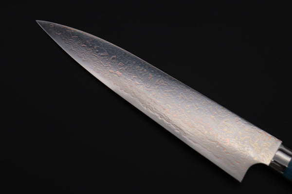 Takeshi Saji SUMMIT ― Limited Edition Custom Series SMT-1129 VG-10W磨 Multi-Colored Golden-Rainbow Damascus Gyuto 210mm (8.2 Inch) - JapaneseChefsKnife.Com