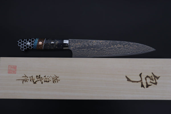 Takeshi Saji Gyuto Takeshi Saji SUMMIT ― Limited Edition Custom Series SMT-1158 VG-10W Multi-Colored Golden-Rainbow Damascus Gyuto 210mm (8.2 Inch)