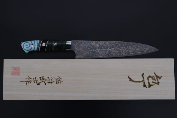 Takeshi Saji Gyuto Takeshi Saji SUMMIT ― Limited Edition Custom Series SMT-1160 VG-10W Multi-Colored Golden-Rainbow Damascus Gyuto 210mm (8.2 Inch)