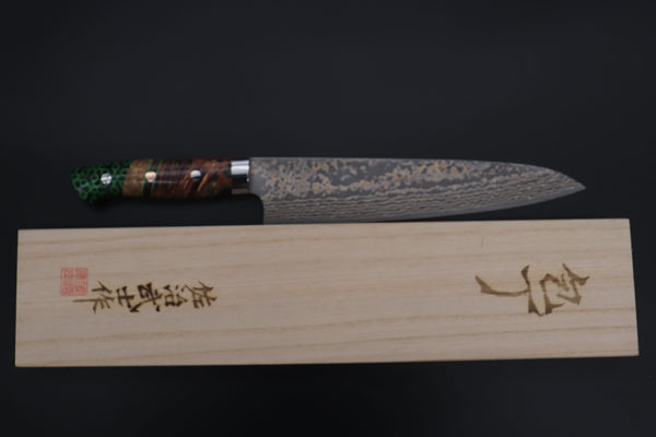 Takeshi Saji Gyuto Takeshi Saji SUMMIT ― Limited Edition Custom Series SMT-1162 VG-10W Multi-Colored Golden-Rainbow Damascus Gyuto 240mm (9.4 Inch)