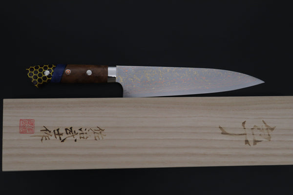 Takeshi Saji Gyuto Takeshi Saji SUMMIT ― Limited Edition Custom Series SMT-1220 VG-10W磨 Multi-Colored Golden-Rainbow Damascus Gyuto 210mm (8.2 Inch)