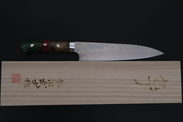 Takeshi Saji Gyuto Takeshi Saji SUMMIT ― Limited Edition Custom Series SMT-1221 VG-10W磨 Multi-Colored Golden-Rainbow Damascus Gyuto 210mm (8.2 Inch)