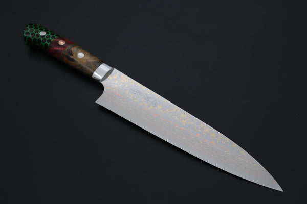 Takeshi Saji Gyuto Takeshi Saji SUMMIT ― Limited Edition Custom Series SMT-1221 VG-10W磨 Multi-Colored Golden-Rainbow Damascus Gyuto 210mm (8.2 Inch)