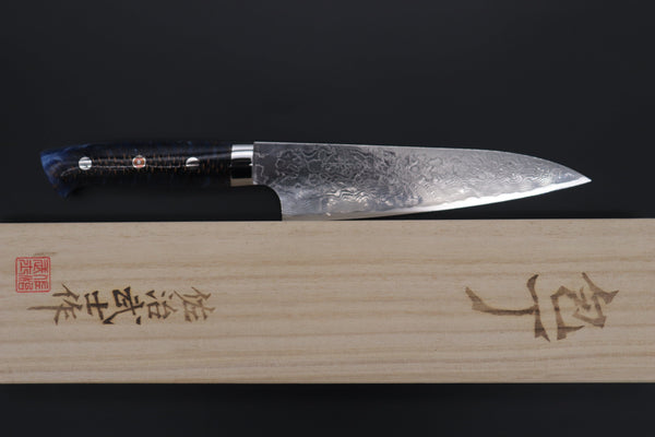 Takeshi Saji Gyuto Takeshi Saji SUMMIT ― Limited Edition Custom Series Summer Edition SMT-1016 R-2 Custom Damascus Gyuto 180mm (7 Inch, Ocean Blue Color Stabilized Spruce Cones Hybrid Wood Handle)