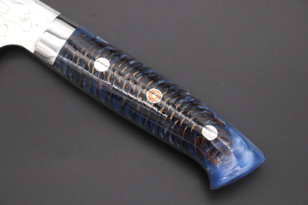 Takeshi Saji Gyuto Takeshi Saji SUMMIT ― Limited Edition Custom Series Summer Edition SMT-1016 R-2 Custom Damascus Gyuto 180mm (7 Inch, Ocean Blue Color Stabilized Spruce Cones Hybrid Wood Handle)