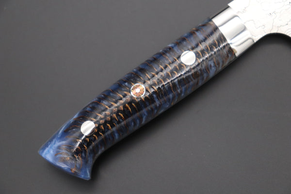 Takeshi Saji Gyuto Takeshi Saji SUMMIT ― Limited Edition Custom Series Summer Edition SMT-1016 R-2 Custom Damascus Gyuto 180mm (7 Inch, Ocean Blue Color Stabilized Spruce Cones Hybrid Wood Handle)