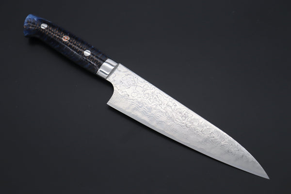 Takeshi Saji Gyuto Takeshi Saji SUMMIT ― Limited Edition Custom Series Summer Edition SMT-1016 R-2 Custom Damascus Gyuto 180mm (7 Inch, Ocean Blue Color Stabilized Spruce Cones Hybrid Wood Handle)