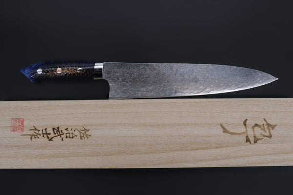 Takeshi Saji Gyuto Takeshi Saji SUMMIT ― Limited Edition Custom Series Summer Edition SMT-1017 R-2 Custom Damascus Gyuto 240mm (7 Inch, Ocean Blue Color Stabilized Spruce Cones Hybrid Wood Handle)