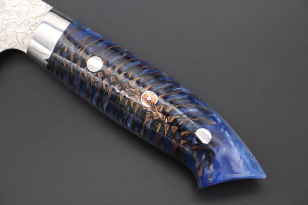 Takeshi Saji Gyuto Takeshi Saji SUMMIT ― Limited Edition Custom Series Summer Edition SMT-1017 R-2 Custom Damascus Gyuto 240mm (7 Inch, Ocean Blue Color Stabilized Spruce Cones Hybrid Wood Handle)