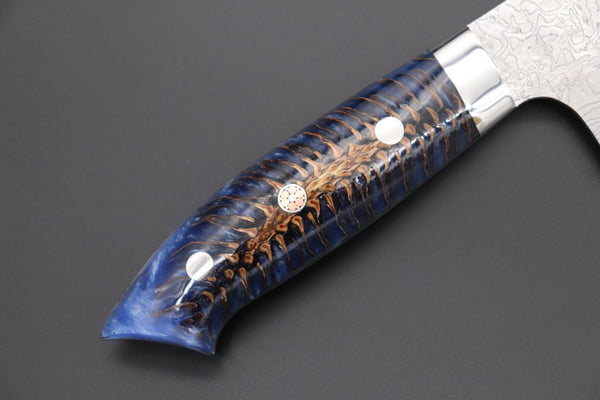 Takeshi Saji Gyuto Takeshi Saji SUMMIT ― Limited Edition Custom Series Summer Edition SMT-1017 R-2 Custom Damascus Gyuto 240mm (7 Inch, Ocean Blue Color Stabilized Spruce Cones Hybrid Wood Handle)