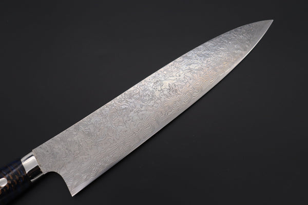 Takeshi Saji Gyuto Takeshi Saji SUMMIT ― Limited Edition Custom Series Summer Edition SMT-1017 R-2 Custom Damascus Gyuto 240mm (7 Inch, Ocean Blue Color Stabilized Spruce Cones Hybrid Wood Handle)