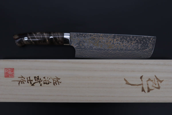 Takeshi Saji Nakiri Takeshi Saji SUMMIT ― Limited Edition Custom Series SMT-1081 VG-10W Multi-Colored Golden-Rainbow Damascus Nakiri 165mm (6.4 Inch)