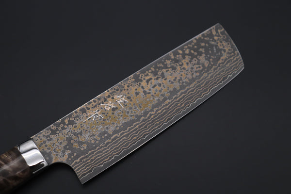 Takeshi Saji Nakiri Takeshi Saji SUMMIT ― Limited Edition Custom Series SMT-1081 VG-10W Multi-Colored Golden-Rainbow Damascus Nakiri 165mm (6.4 Inch)
