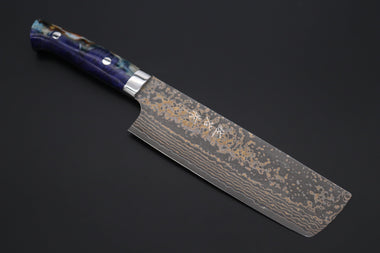 Takeshi Saji Nakiri Takeshi Saji SUMMIT ― Limited Edition Custom Series SMT-1085 VG-10W Multi-Colored Golden-Rainbow Damascus Nakiri 165mm (6.4 Inch)