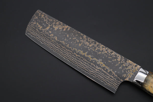 Takeshi Saji Nakiri Takeshi Saji SUMMIT ― Limited Edition Custom Series SMT-1086 VG-10W Multi-Colored Golden-Rainbow Damascus Nakiri 165mm (6.4 Inch)