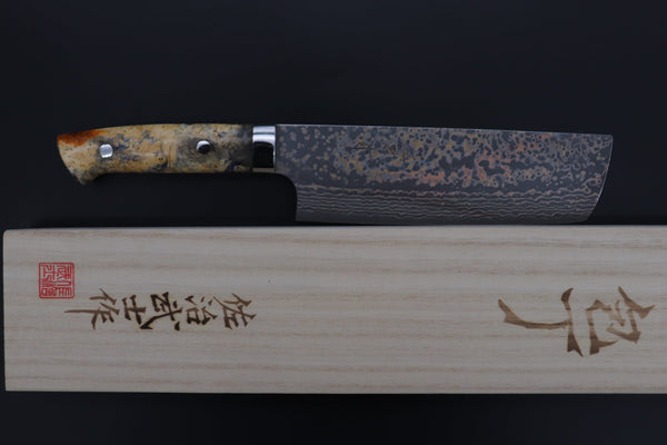 Takeshi Saji Nakiri Takeshi Saji SUMMIT ― Limited Edition Custom Series SMT-1087 VG-10W Multi-Colored Golden-Rainbow Damascus Nakiri 165mm (6.4 Inch)