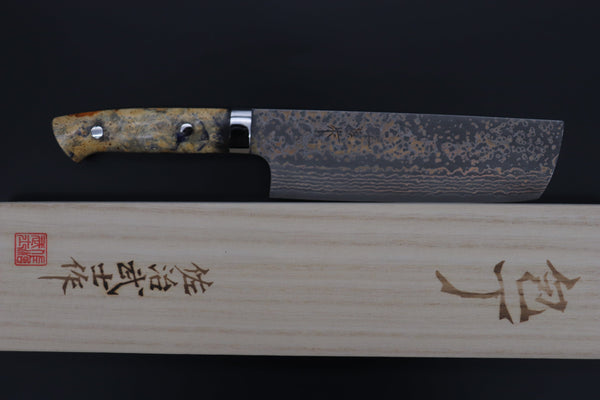 Takeshi Saji Nakiri Takeshi Saji SUMMIT ― Limited Edition Custom Series SMT-1088 VG-10W Multi-Colored Golden-Rainbow Damascus Nakiri 165mm (6.4 Inch)