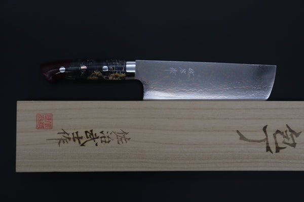 Takeshi Saji Nakiri Takeshi Saji SUMMIT ― Limited Edition Custom Series SMT-1124 VG-10W磨 Multi-Colored Golden-Rainbow Damascus Nakiri 165mm (6.4 Inch)