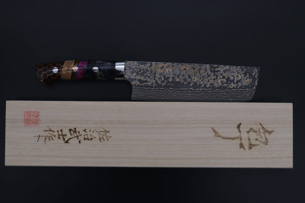 Takeshi Saji Nakiri Takeshi Saji SUMMIT ― Limited Edition Custom Series SMT-1152 VG-10W Multi-Colored Golden-Rainbow Damascus Nakiri 165mm (6.4 Inch)