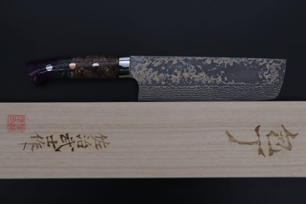 Takeshi Saji Nakiri Takeshi Saji SUMMIT ― Limited Edition Custom Series SMT-1154 VG-10W Multi-Colored Golden-Rainbow Damascus Nakiri 165mm (6.4 Inch)