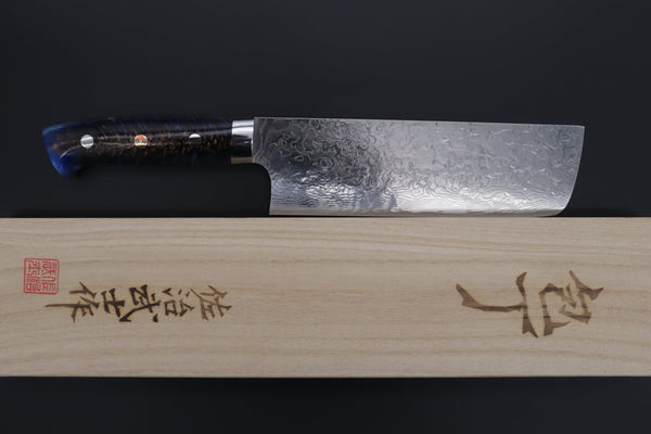 Takeshi Saji Nakiri Takeshi Saji SUMMIT ― Limited Edition Custom Series Summer Edition SMT-1018 R-2 Custom Damascus Nakiri 165mm (6.4 Inch, Ocean Blue Color Stabilized Spruce Cones Hybrid Wood Handle)