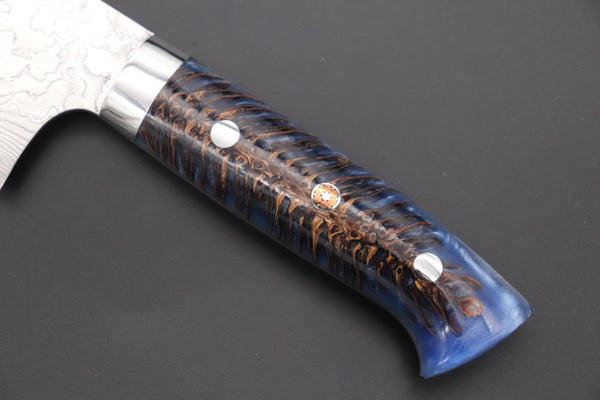 Takeshi Saji Nakiri Takeshi Saji SUMMIT ― Limited Edition Custom Series Summer Edition SMT-1018 R-2 Custom Damascus Nakiri 165mm (6.4 Inch, Ocean Blue Color Stabilized Spruce Cones Hybrid Wood Handle)
