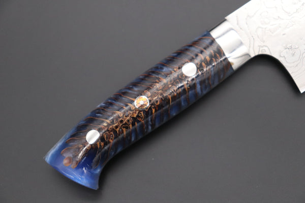 Takeshi Saji Nakiri Takeshi Saji SUMMIT ― Limited Edition Custom Series Summer Edition SMT-1018 R-2 Custom Damascus Nakiri 165mm (6.4 Inch, Ocean Blue Color Stabilized Spruce Cones Hybrid Wood Handle)